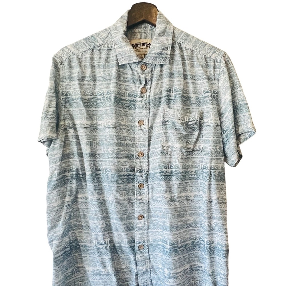 North River Mens Blue Steel Geometric‎ Print Tencel Rayon Button Up Shirt Large